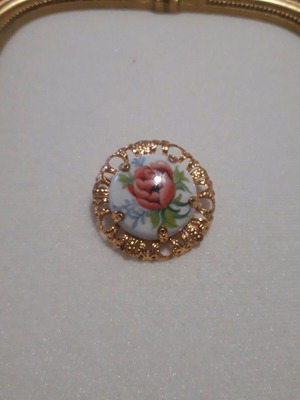 Vintage porcelain pin used, multicolored and gold-tone