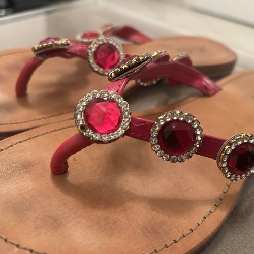 Maxime leather sandals with large fuchsia stones and crystals, like new