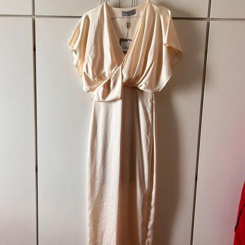 Mind Matter satin maxi dress, champagne color, lined