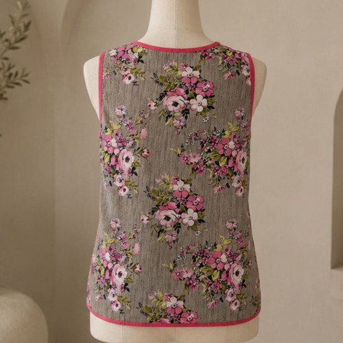 Sleeveless women's blouse XL new, cotton, beige with pink floral design