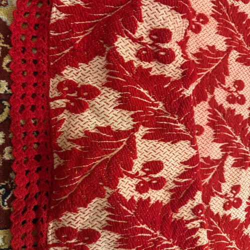 Wool woven throw like new, red with handmade lace edging