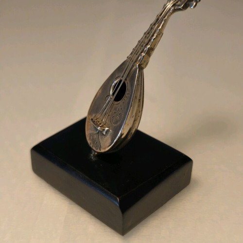 Mandolin miniature used, silver 899°, handmade with wooden base