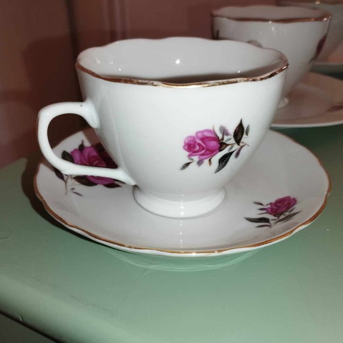 Vintage porcelain cup and saucer set with fuchsia roses