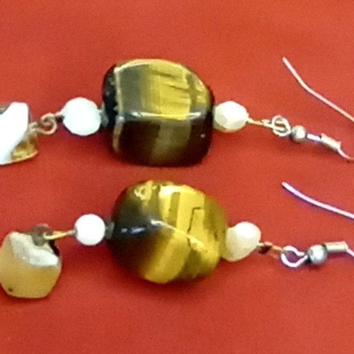 Vintage Handmade Tiger's Eye And Pearl Earrings 6 cm, like new