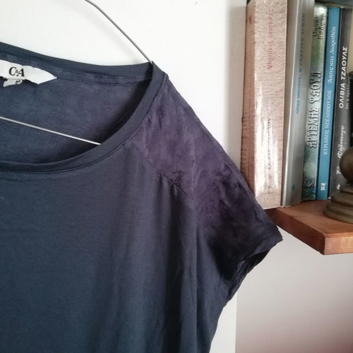 C&A navy blue top with different fabric sleeves and back, medium