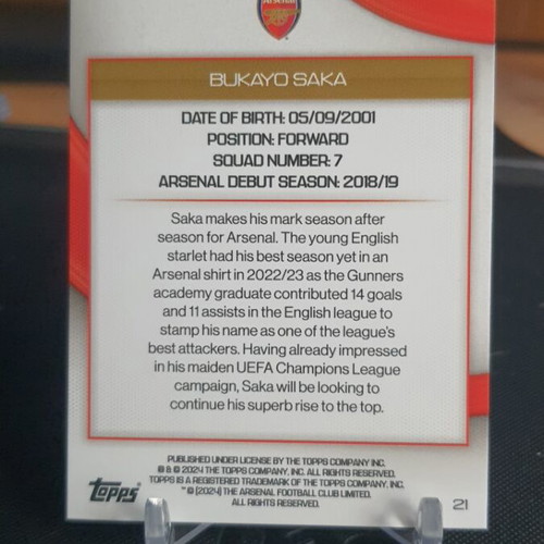 Topps Arsenal Team Set 2023-24 Bukayo Saka Cracked Ice like new