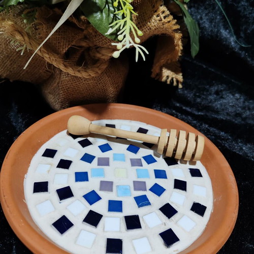 Domi handmade ceramic plate with glass mosaic and wooden honey spoon
