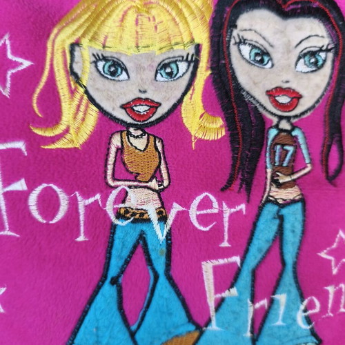 Bratz pillow and keychain used, pink embroidered Cloe and Jade