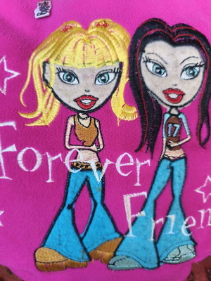 Bratz pillow and keychain used, pink embroidered Cloe and Jade