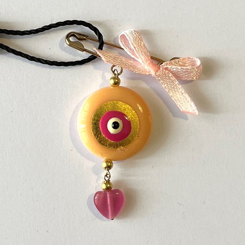 Gregio 9K Evil Eye Brooch with Coral, Enamel and Pink Garnet New