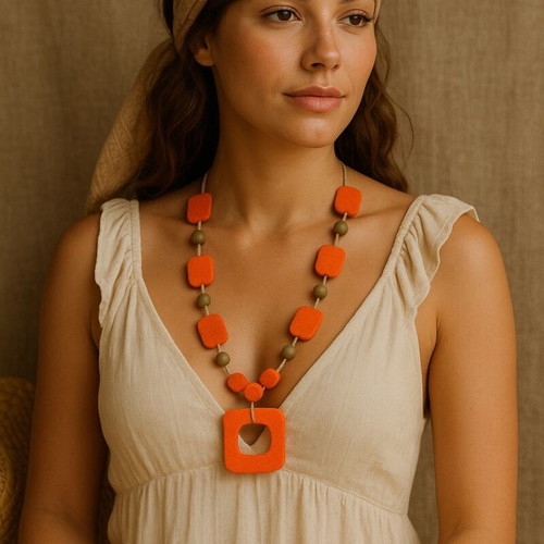 Handmade necklace with orange felt, statement jewelry APOPSIS like new