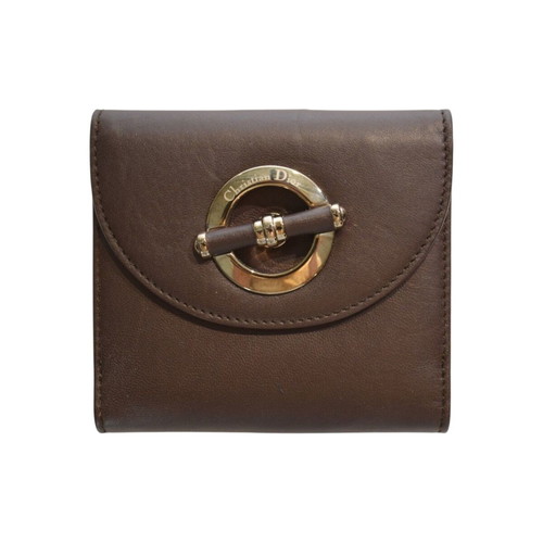 Christian Dior vintage brown leather wallet with gold clasp and pouch