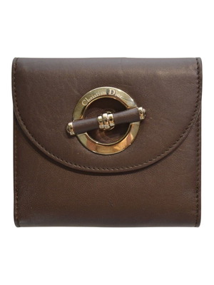 Christian Dior vintage brown leather wallet with gold clasp and pouch
