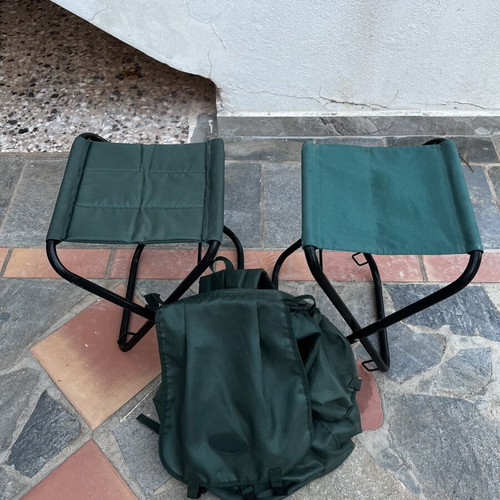 Camping set with 2 folding stools and backpack used