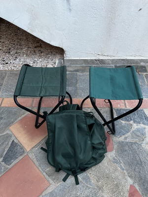 Camping set with 2 folding stools and backpack used