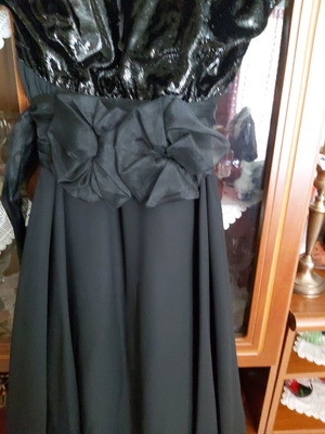 Evening dress strapless black georgette like new with belt