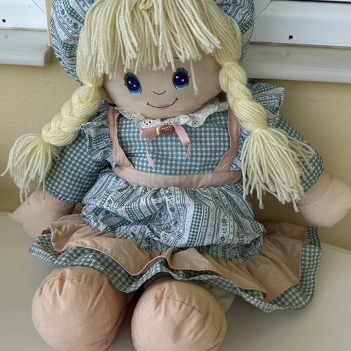 Large fabric doll 68 cm used with blonde braids and floral dress