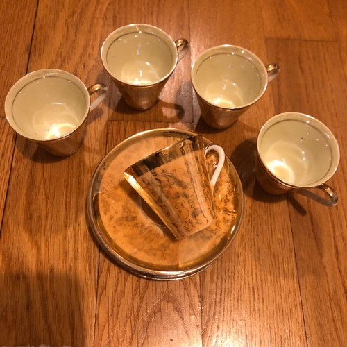 Coffee set used, gold-orange, 5 cups and 6 saucers, antique