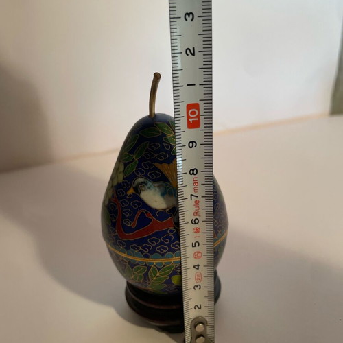 Small Cloisonné Egg-Shaped Pear Container with Bird and Flowers like new, wooden base
