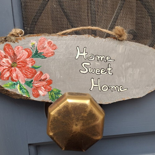 Wooden door sign hand-painted with red flowers, made to order