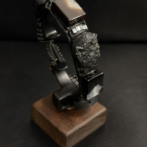 Men's Black Leather Bracelet with Meteorite and Natural Black Agate, New