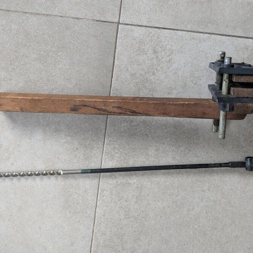 Vintage wooden clamp and long Sheffield wood auger used