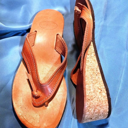 Greek Leather Sandals Size 38 with Cork Wedge New