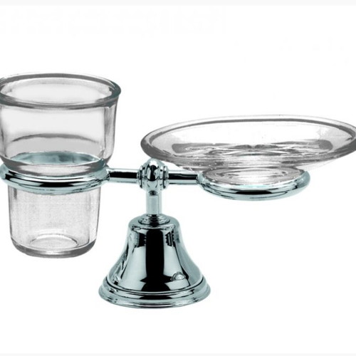 Wall-Mounted Soap Dish and Tumbler Holder New, Chrome-Plated Brass