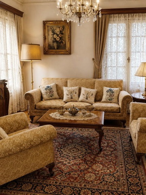 Politiko living room set like new with sofa, armchairs, and table