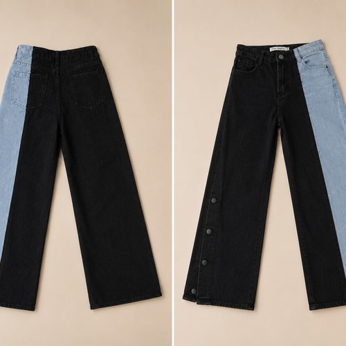 Jeans like new, two-tone black and blue wide-leg with button details