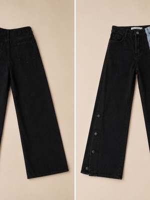 Jeans like new, two-tone black and blue wide-leg with button details