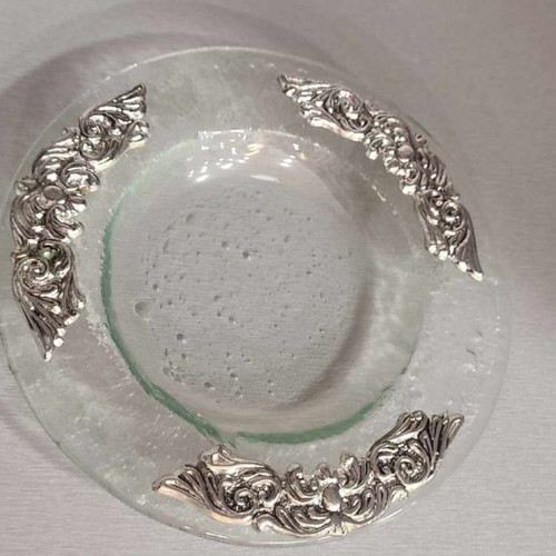 Glass ashtray with silver-plated flowers new 16cm