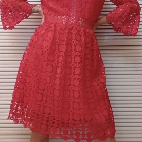 Red dress long-sleeve lace embroidery bell sleeve, lined, regular fit