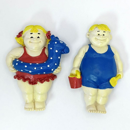 Vintage Ceramic Fridge Magnets Girl and Boy with Swimsuits like new