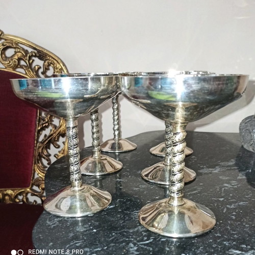 Silver-plated champagne glasses like new, vintage set of six, 15 cm height