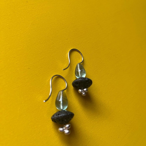 Silver 925 earrings with lava stone and glass, new green black