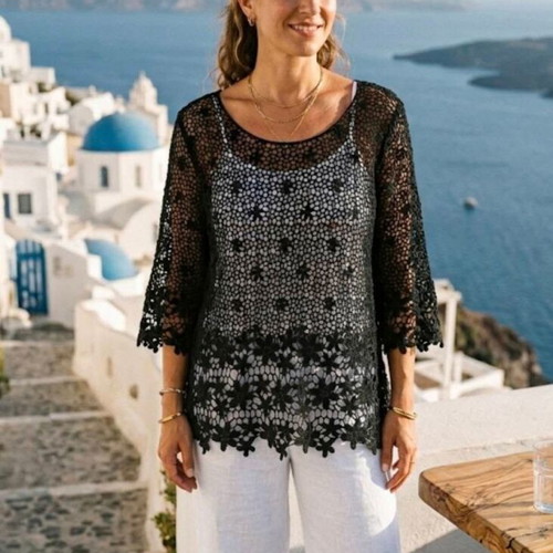 Black lace top new, boho romantic style, 3/4 sleeves, size M