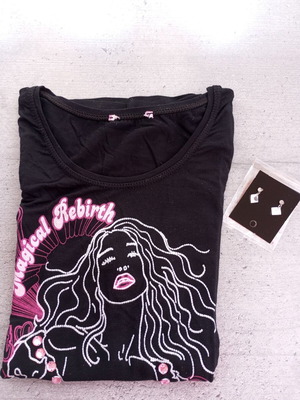 Black women's T-shirt with pink rhinestones and Magical Rebirth design