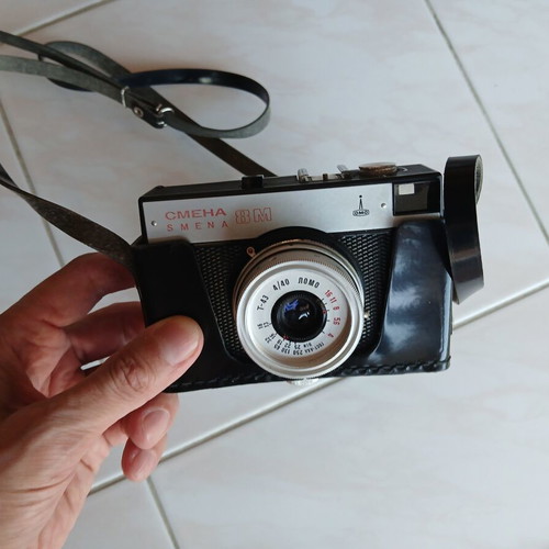 Vintage Smena 8M 35mm camera used with original leather case