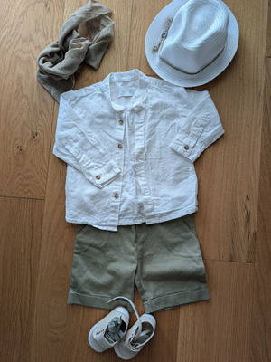 Baptism set with white linen shirt, khaki cotton shorts, and scarf, like new