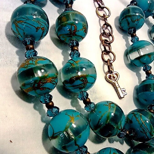 Boho Summer Choker Necklace with Large Striped Turquoise Glass Beads 44cm + 7cm