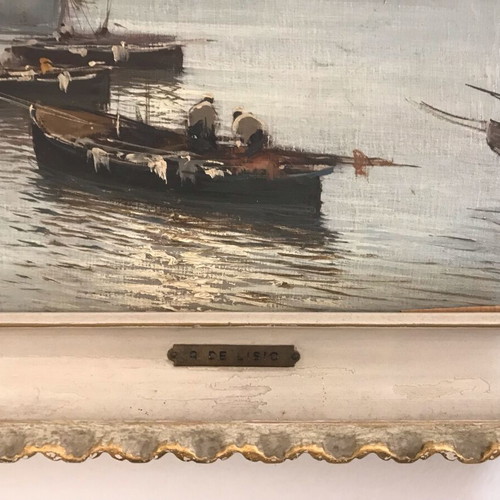 Oil painting by Arnaldo De Lisio landscape with boats like new