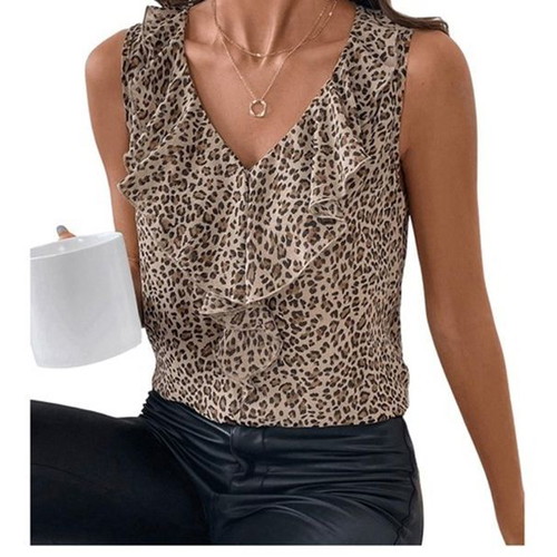 GORGLITTER women's blouse with leopard print, V-neck and peplum, size L