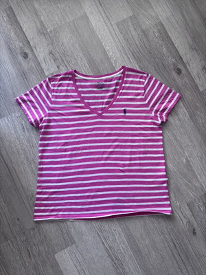 Поло Ralph Lauren райе тениска като нова, розова и бяла, XL
