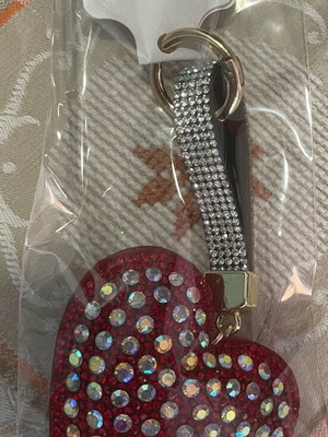 Heart keychain new, red with rhinestones and black strap