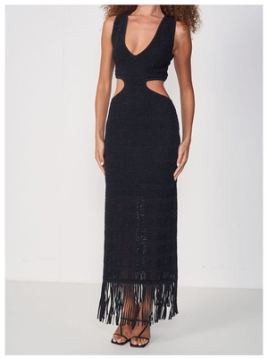 Colcci black metallic knit maxi dress with cut-outs and fringe