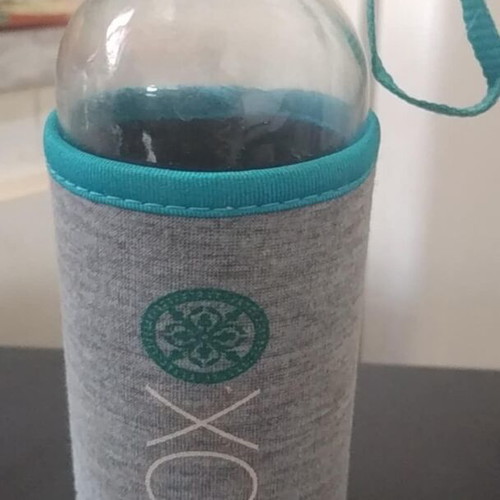 Glass water bottles like new, blue and fuchsia with fabric handle