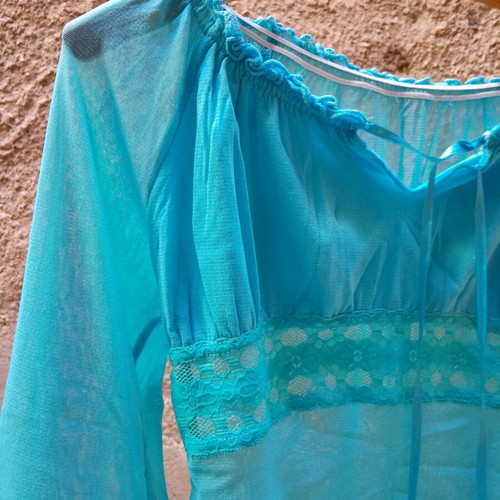 Asymmetric Sheer Blouse Turquoise new, size Small