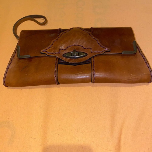 Vintage leather envelope bag for women used, handmade, brown
