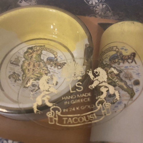 Vintage Zakynthos set with ceramic ashtray and refillable lighter